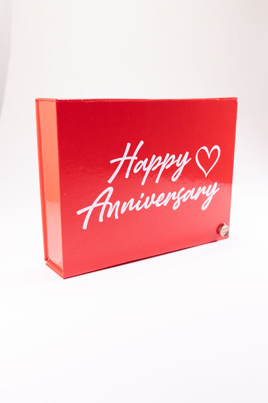 Red box with 'Happy Anniversary' text on a white background
