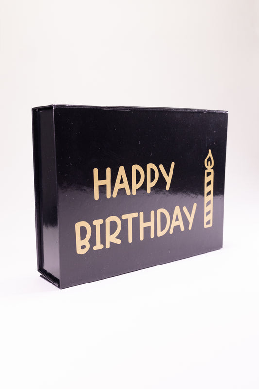 Black box with 'Happy Birthday' and a candle on a white background