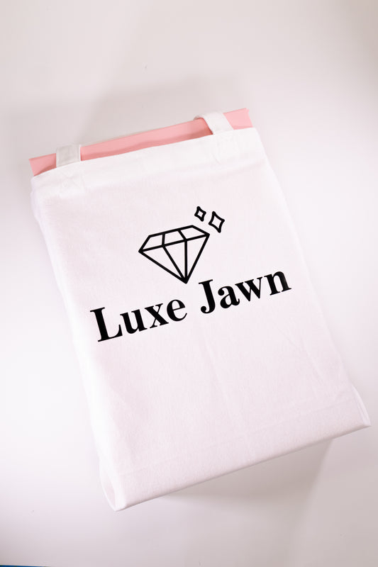White Canvas Tote with words Luxe Jawn