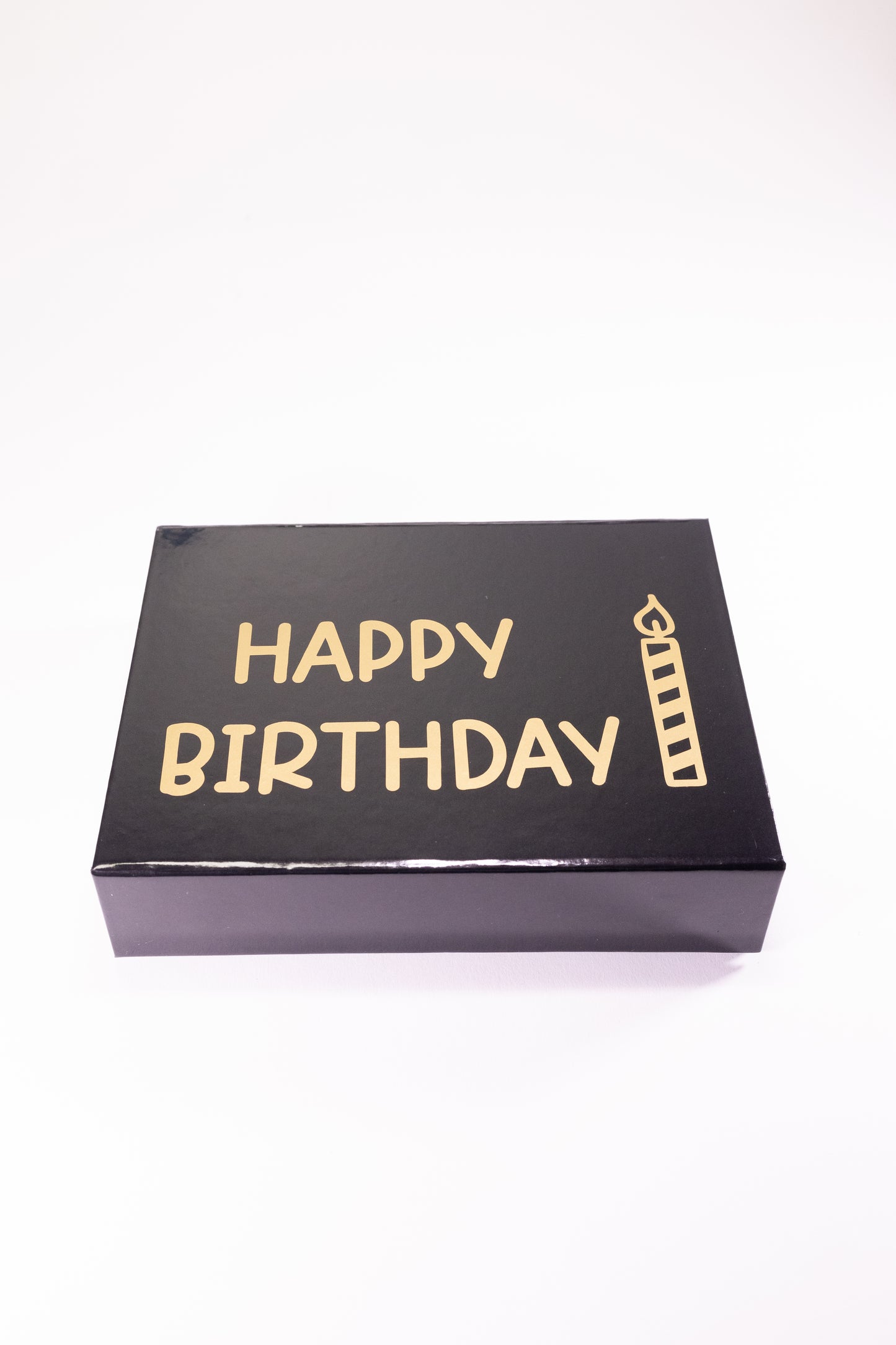 Black box with 'Happy Birthday' text on a white background