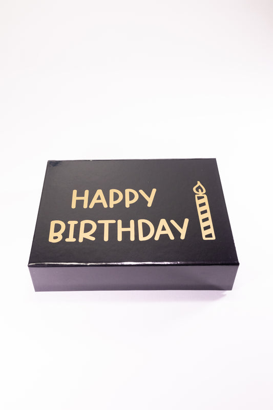 Black box with 'Happy Birthday' text on a white background