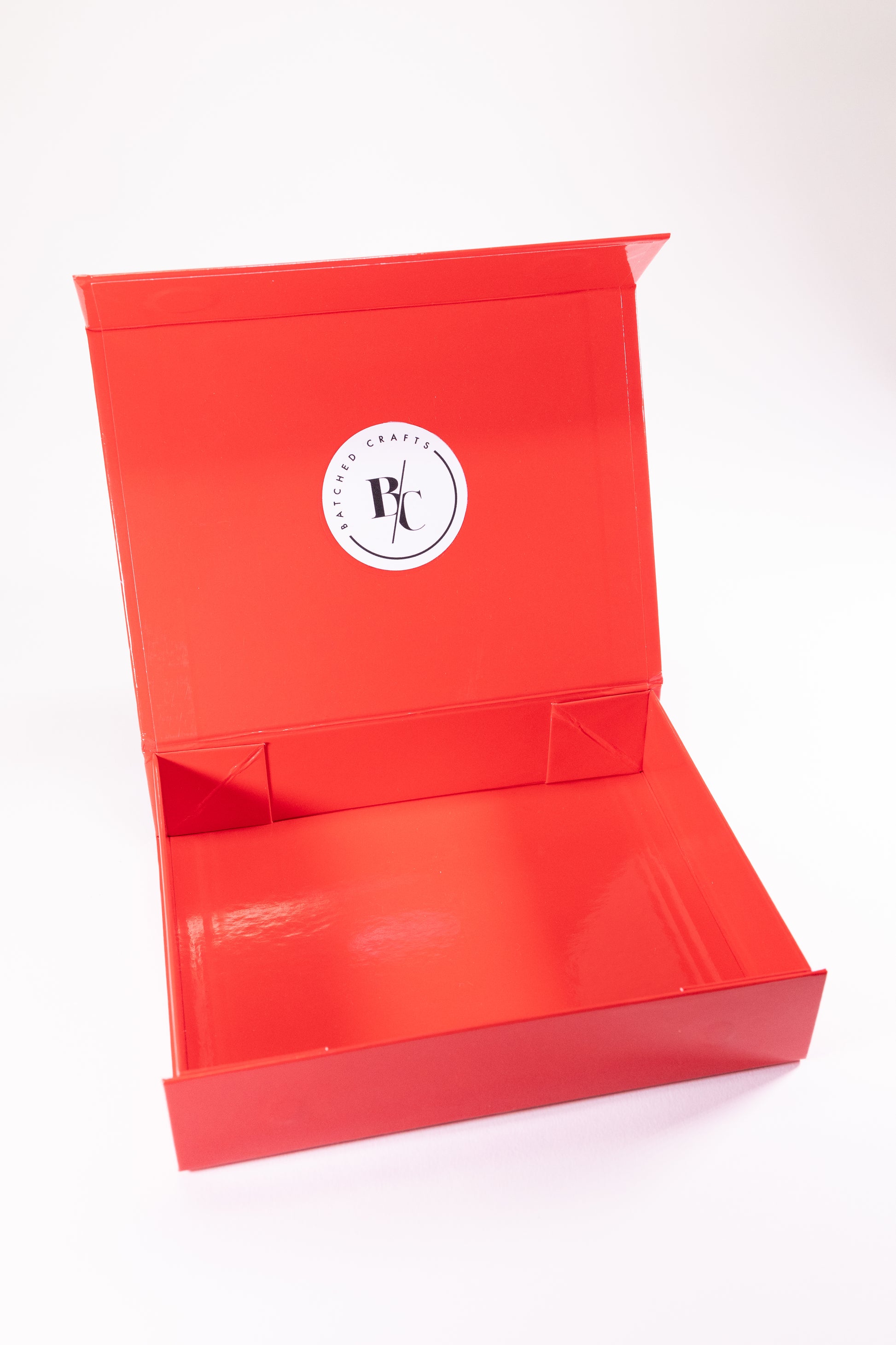 Red box with the Batched Crafts logo on a white background