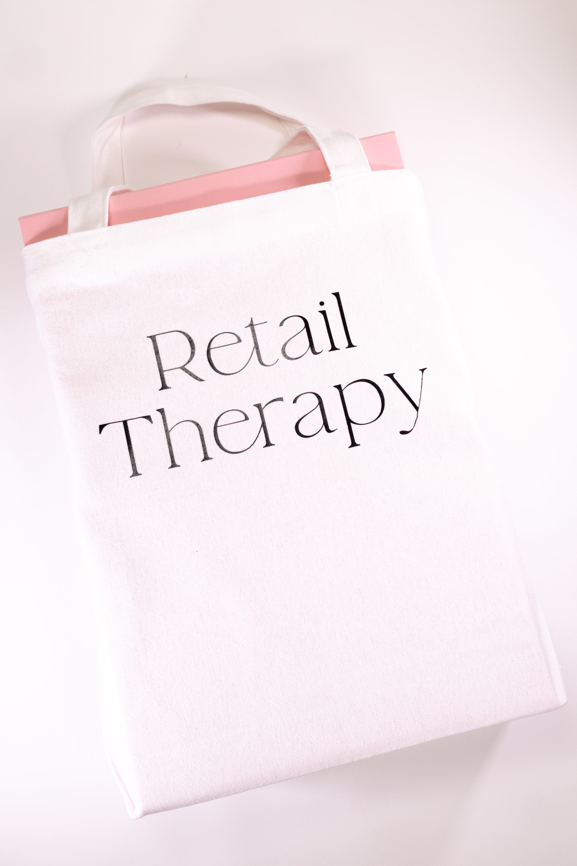 White Canvas Tote with words Retail Therapy